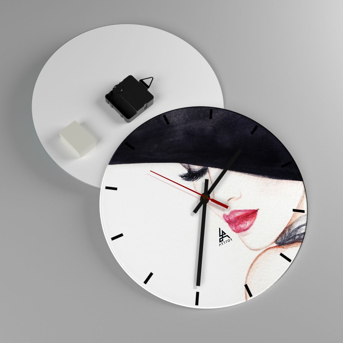 Reloj de pared Mujer, Reloj de pared Labios Rojos, Reloj de pared Sombrero Negro, Reloj de pared Arte, Reloj de pared Cara Misteriosa
