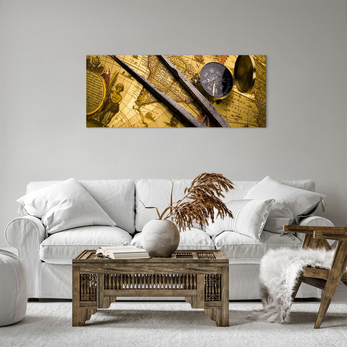 Obraz Na Płótnie - Mapa Kompas - 100X40 Cm - Ab100X40-0146