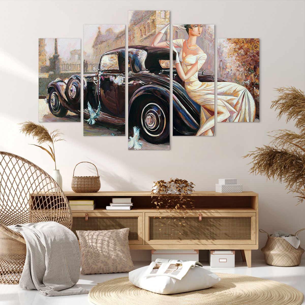 Obraz Na Płótnie - Retro Auto Dama  - 150X100 Cm - Ea150X100-3467