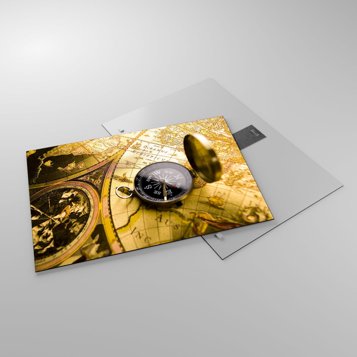 Glasbild  Reisen, Glasbild Weltkarten, Glasbild Kompass, Glasbild Jahrgang, Glasbild Goldene Karte