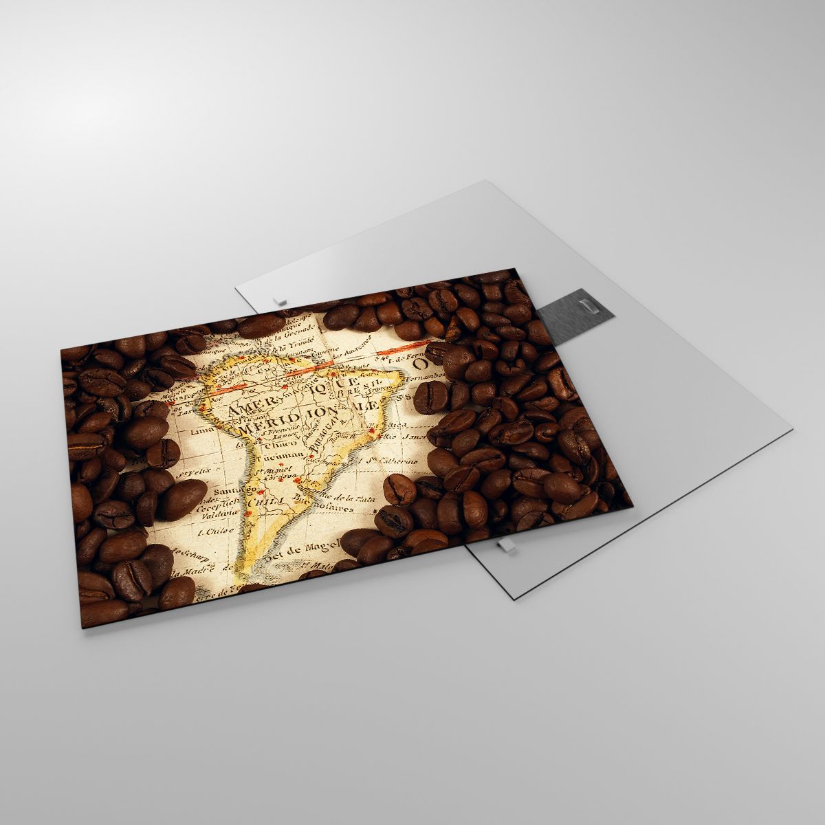 Glasbild Weltkarten, Glasbild Kaffee, Glasbild Amerika, Glasbild Reisen, Glasbild Kaffeebohnen