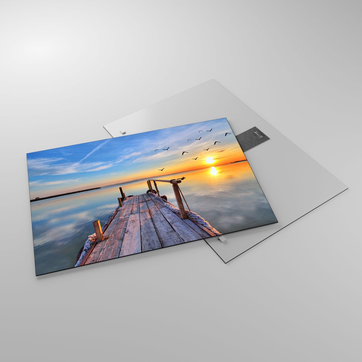 Glasbild Landschaft, Glasbild See, Glasbild Holzbrücke, Glasbild Der Sonnenuntergang, Glasbild Oberfläche Des Wassers