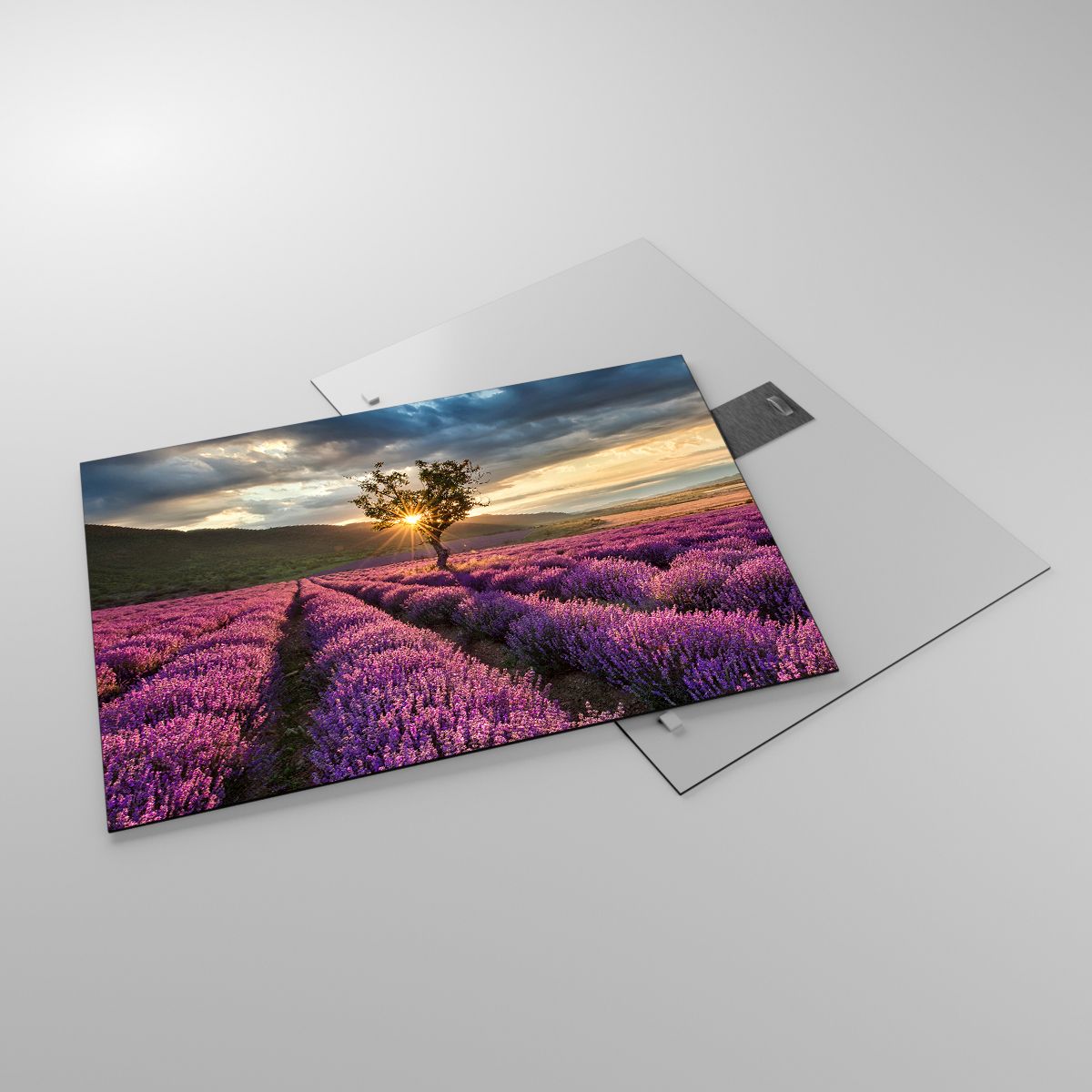 Glasbild Landschaft, Glasbild Lavendel, Glasbild Provence, Glasbild Lavendelfeld, Glasbild Der Sonnenuntergang