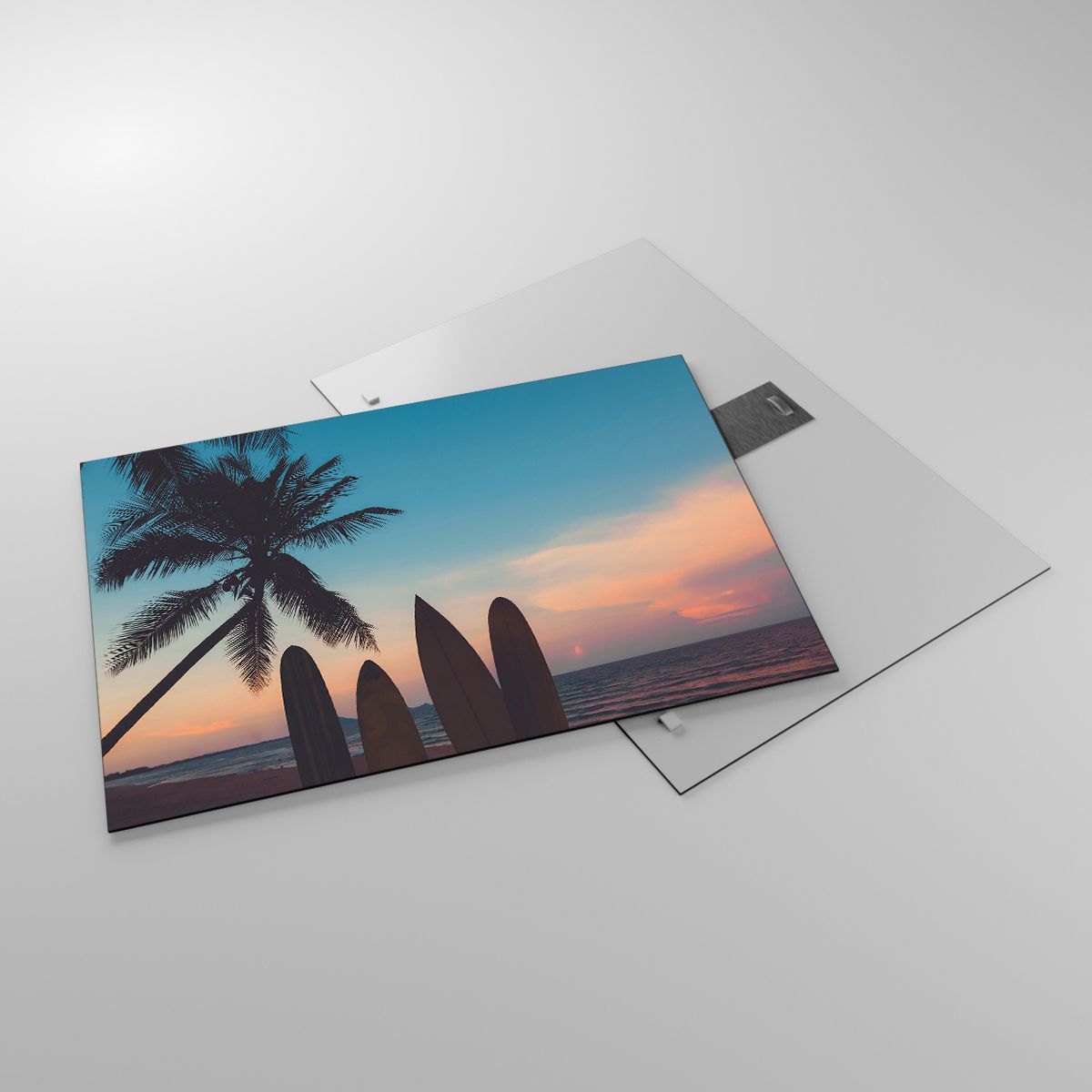 Glasbild Landschaft, Glasbild Surfen, Glasbild Meer, Glasbild Kokusnuss-Palme, Glasbild Der Sonnenuntergang