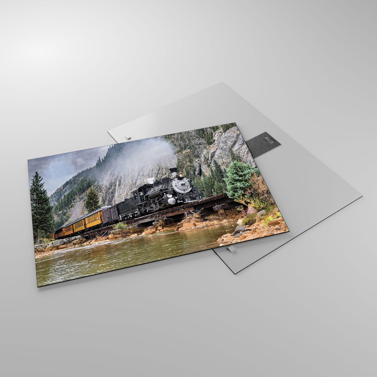 Glasbild Eisenbahn Auf Schienen, Glasbild Dampflokomotive, Glasbild Landschaft, Glasbild Jahrgang, Glasbild Berge