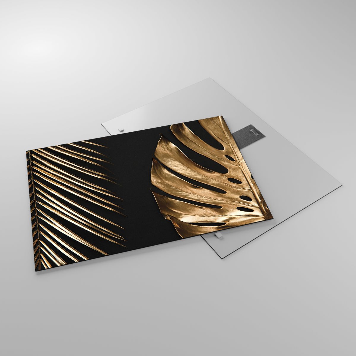 Glasbild Palmblatt, Glasbild Monstera-Blatt, Glasbild Abstraktion, Glasbild Kunst, Glasbild Gold