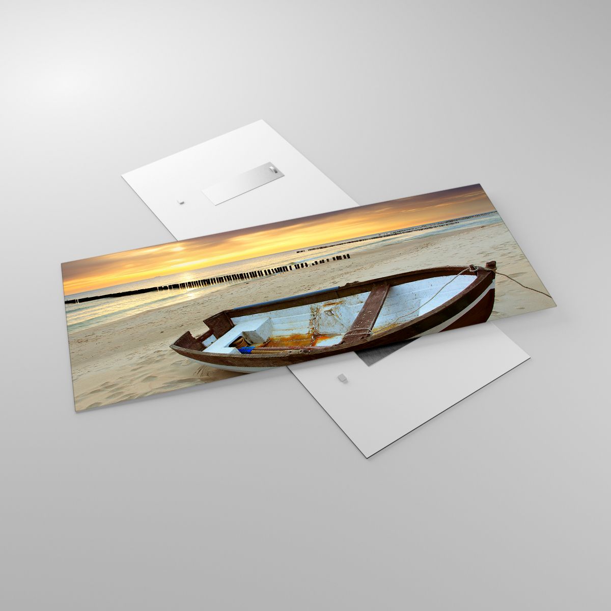 Glasbild Landschaft, Glasbild Meer, Glasbild Strand, Glasbild Boot, Glasbild Der Sonnenuntergang