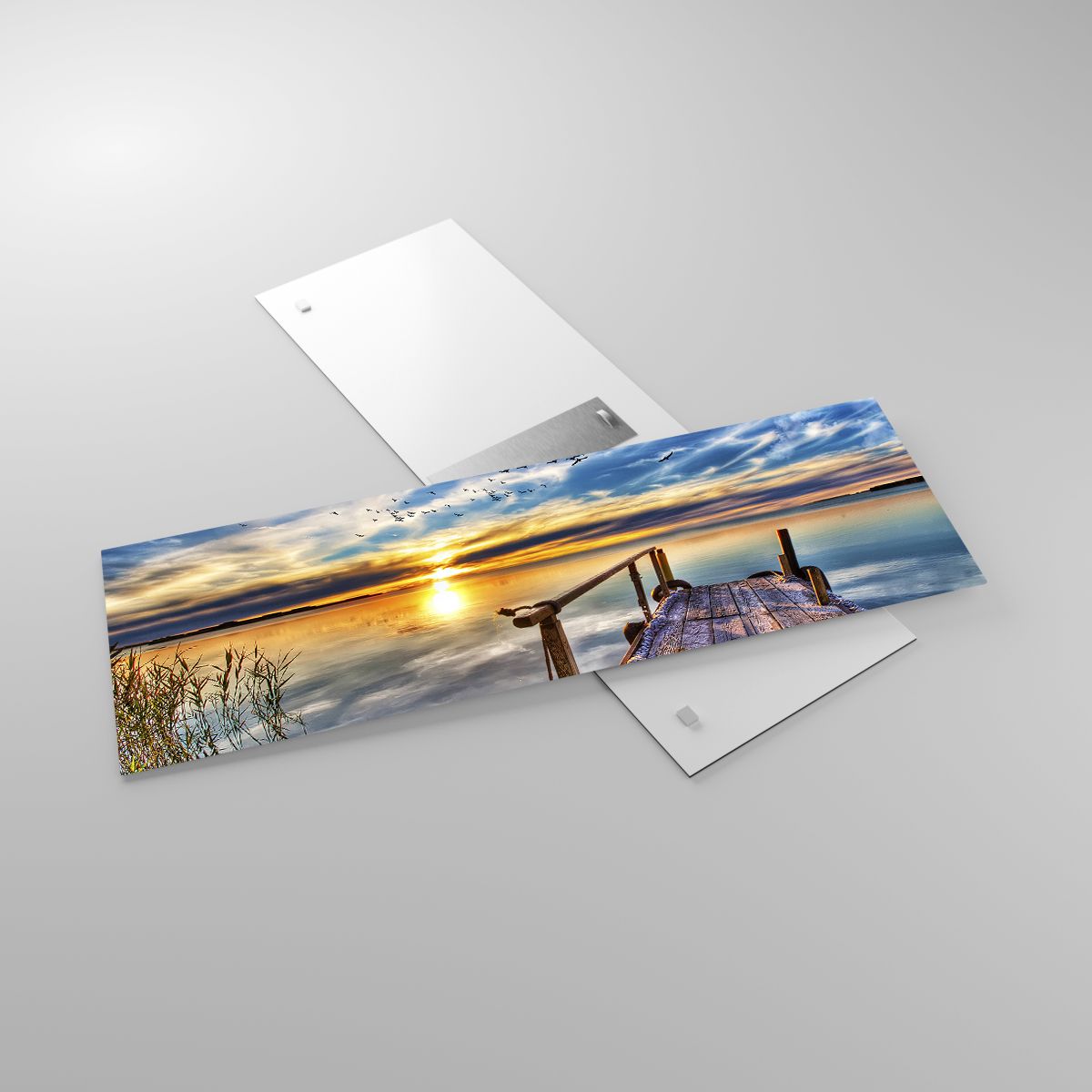 Glasbild Landschaft, Glasbild See, Glasbild Holzbrücke, Glasbild Der Sonnenuntergang, Glasbild Natur