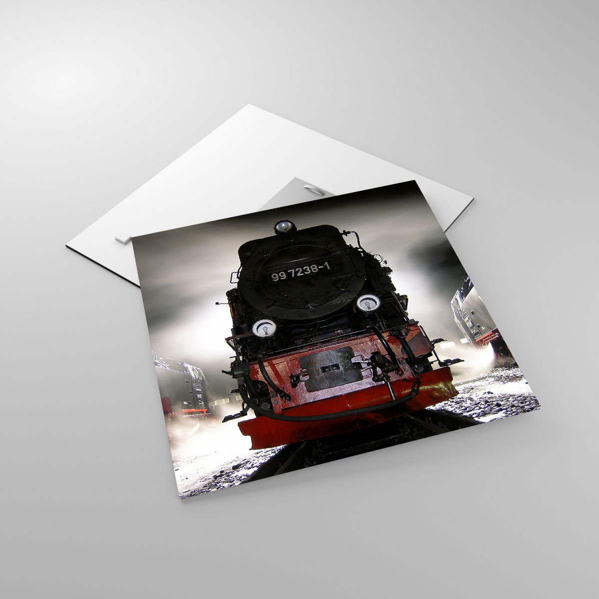 Glasbild Dampflokomotive, Glasbild Bahnhof, Glasbild Automobil, Glasbild Thora, Glasbild Abstellgleis