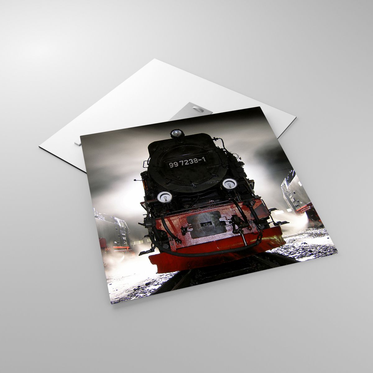 Glasbild Dampflokomotive, Glasbild Bahnhof, Glasbild Automobil, Glasbild Thora, Glasbild Abstellgleis