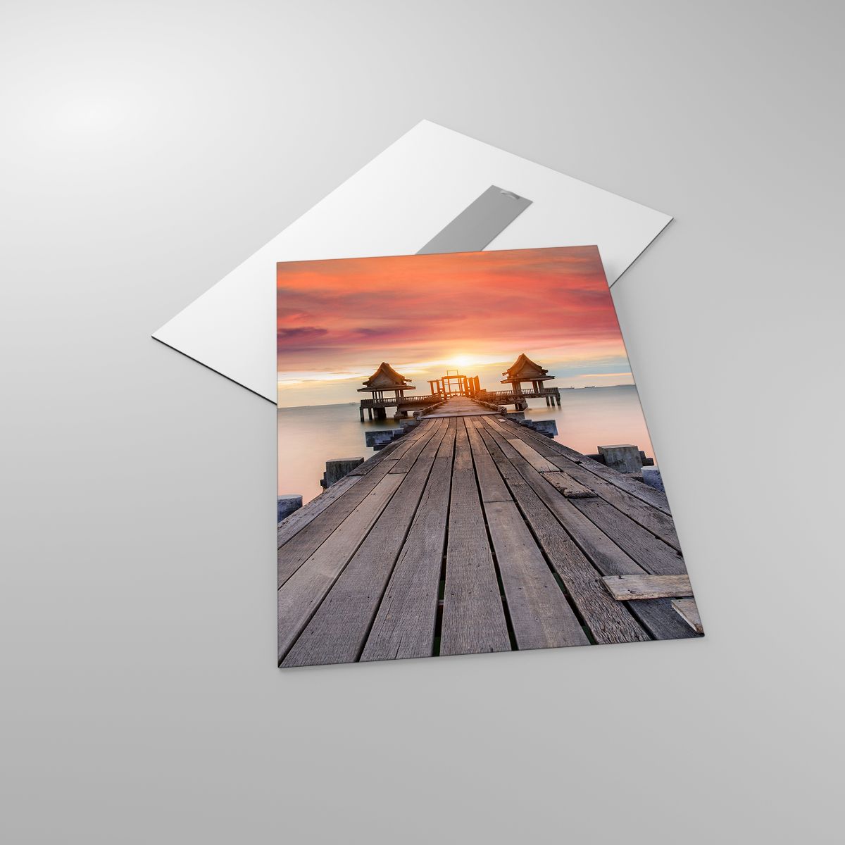 Billede på glas Landskab, Billede på glas Træmole, Billede på glas Hav, Billede på glas Solnedgangen, Billede på glas Horisont