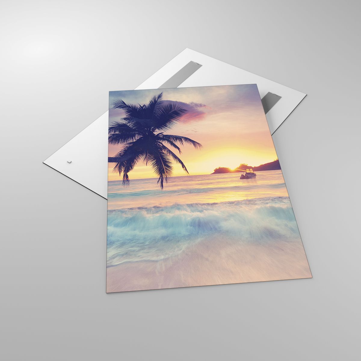 Glasbild Landschaft, Glasbild Kokusnuss-Palme, Glasbild Meer, Glasbild Strand, Glasbild Der Sonnenuntergang